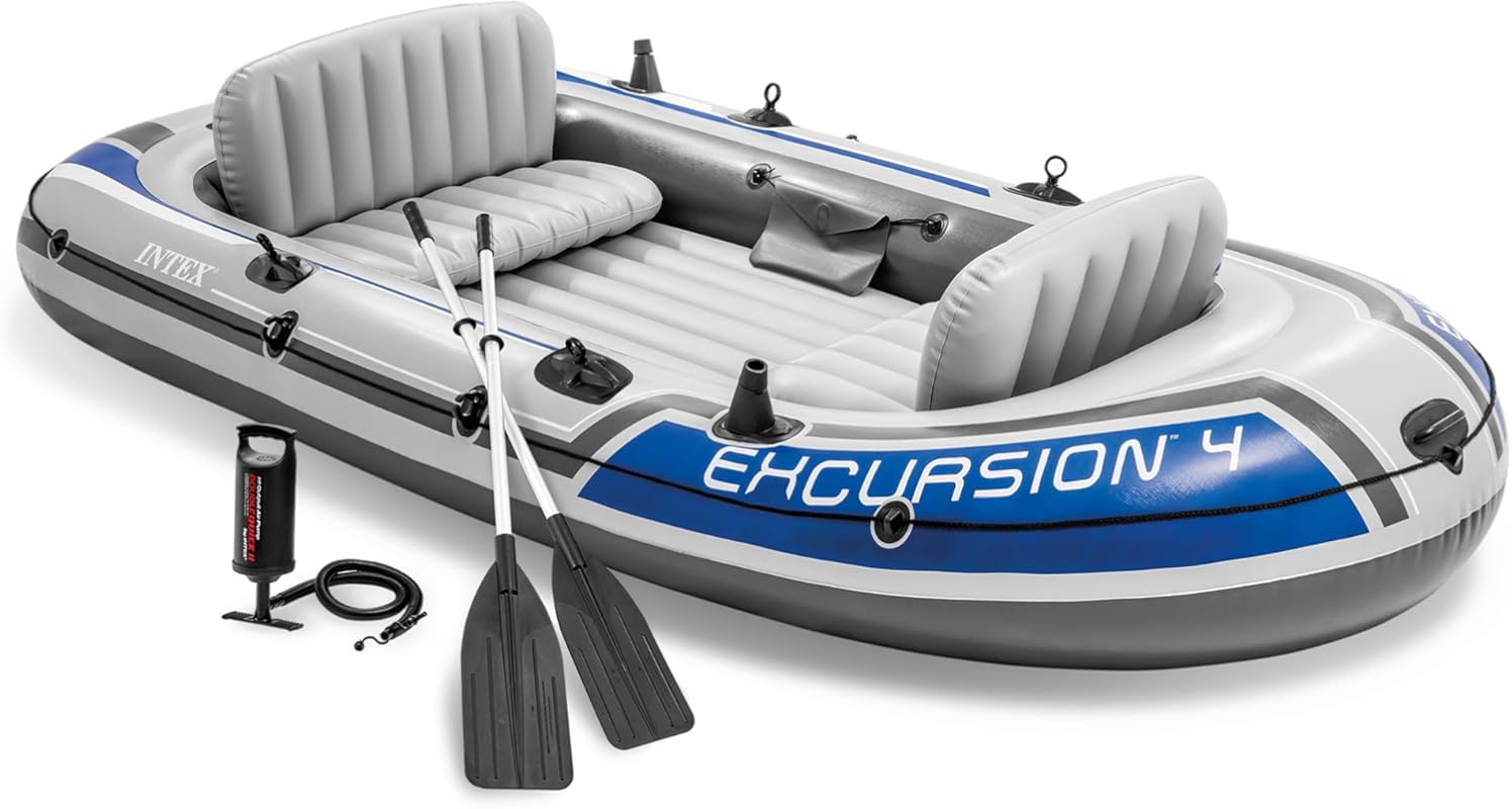 INTEX 68324EP Excursion 4 Inflatable Boat Set with Oars Pump Rod Holde