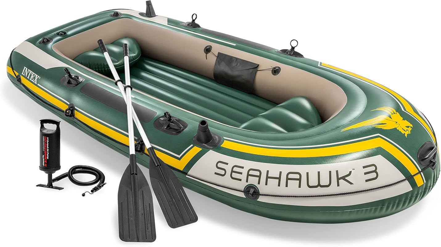 INTEX Seahawk Inflatable Boat with Oars, High-Output Pump, Fishing Rod