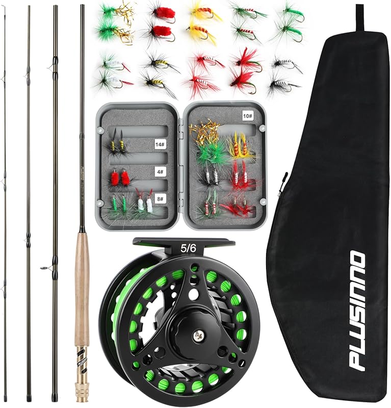 PLUSINNO 4-Piece Graphite Fly Fishing Rod Reel Combo 5/6WT - Lightweig