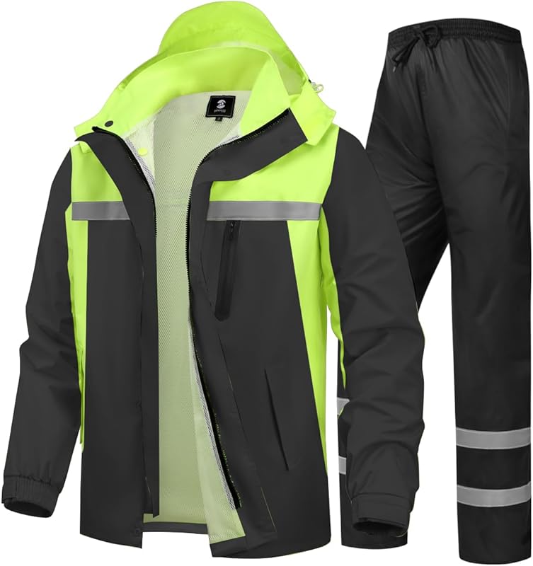 High Visibility Reflective Men's Rain Suit Jacket Pants Work Farm Fish