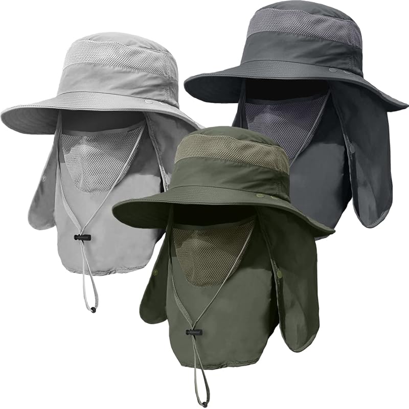 3-Pack Men's UPF 50+ Wide Brim Fishing Hats with Face Neck Flap for Hi