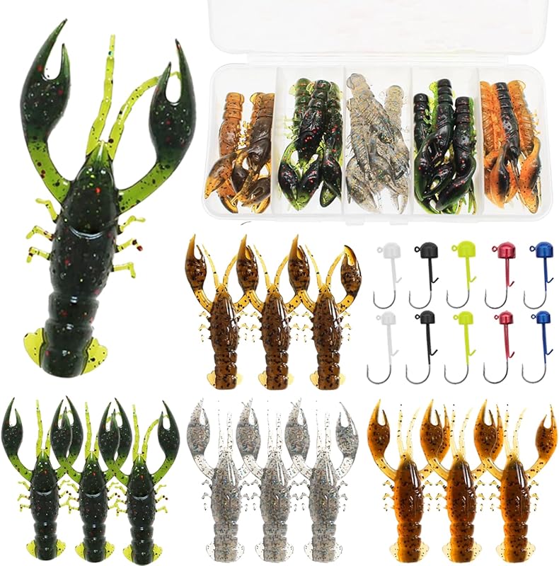 25/60pcs Soft Plastic Crawfish Lures Kit Jig Heads Creature Baits Bass