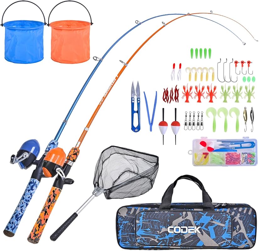 CODEK 2-Pack Kids Telescopic Fishing Pole Set with Reels, Net, Buckets