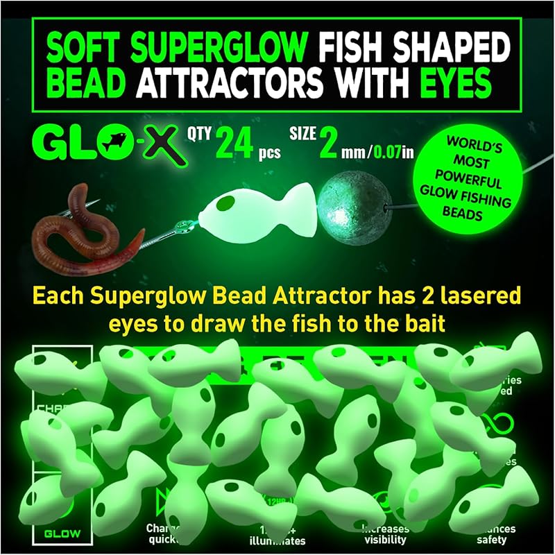 GLO-X 24pcs Luminous Glow Soft Plastic Fishing Beads Bobbers with Eyes