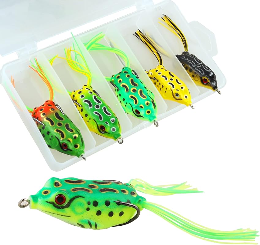 5-Pack Weedless Ray Frog Topwater Lures Soft Bait with Tackle Box for 