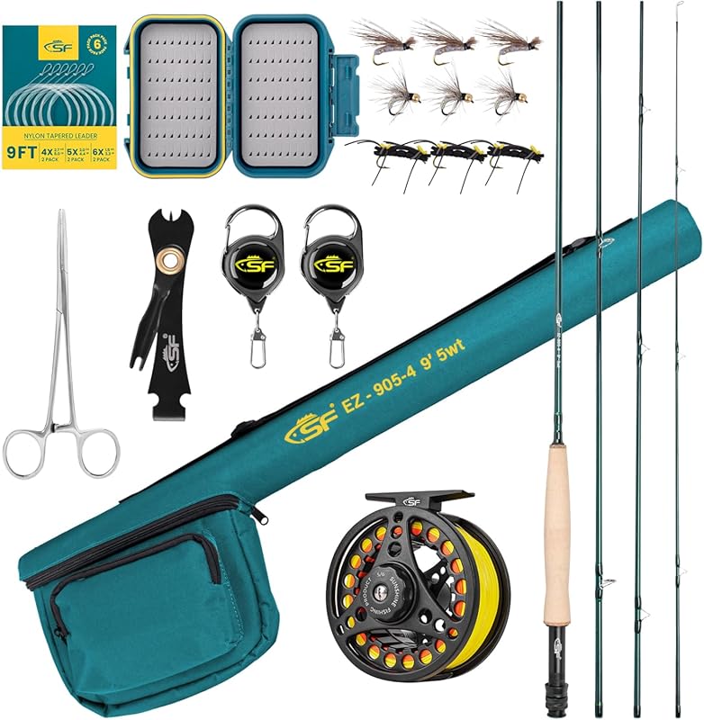 SF 24T Carbon Fly Rod Reel Combo Starter Kit - Green Jade, Case, Flies