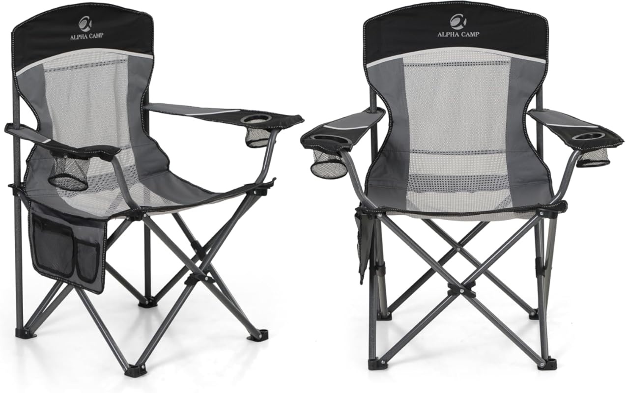 LET'S CAMP 2 Pack Heavy Duty Mesh Back Camping Chair 330lbs Cup Holder