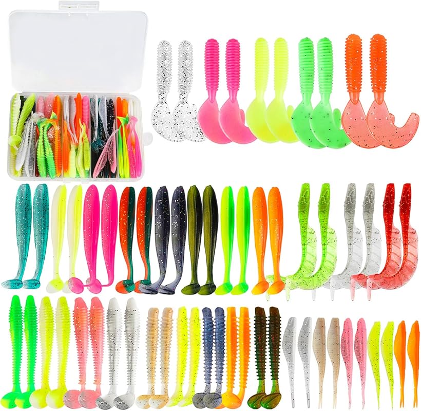 60PCS Soft Plastic Fishing Lures Set with Tackle Box - Paddle Tail Swi