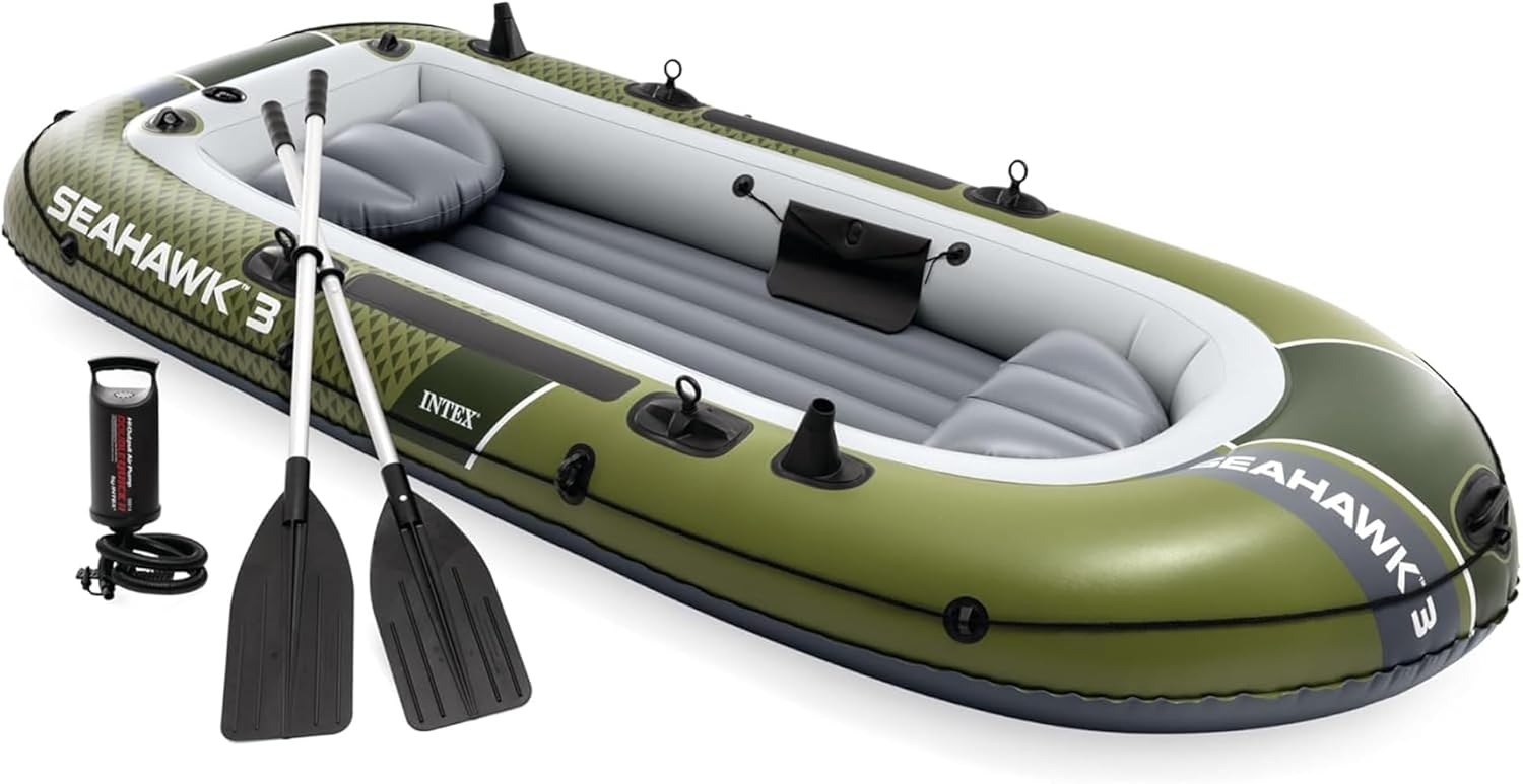 INTEX Seahawk Inflatable Boat with Oars, High-Output Pump, Fishing Rod