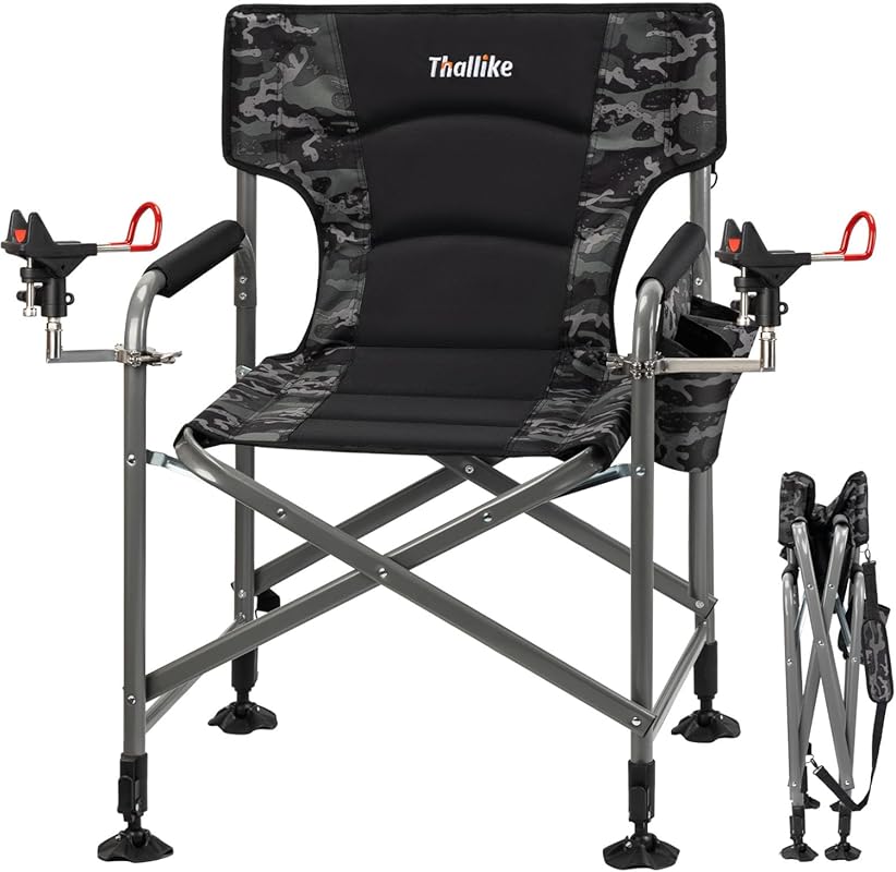 Heavy Duty Padded Folding Fishing Chair with 2 Rod Holders Adjustable 
