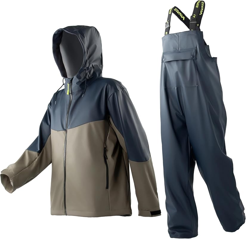 Men’s PRO 3-Piece Waterproof Fishing Rain Gear Jacket Bib Pants ECO PU