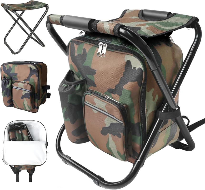 Folding Camping Chair Stool Backpack with Insulated Cooler Bag for Hun
