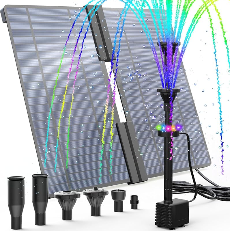 AMZtime 20W Solar Fountain Pump with 2500mAh Battery, 12 LED Lights, L