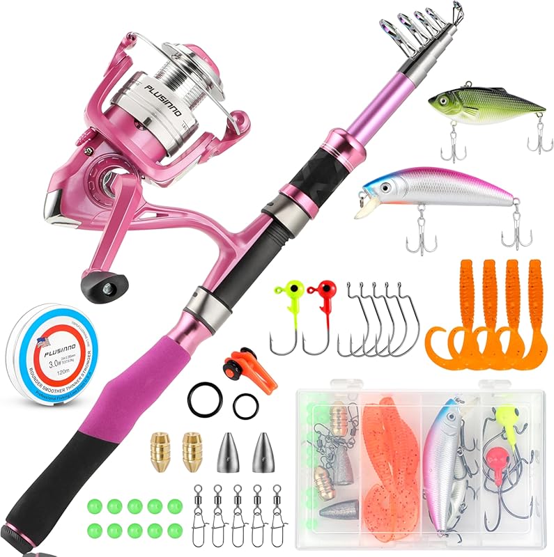 PLUSINNO Pink Ladies Telescopic Rod Kit – Complete Spinning Reel Combo