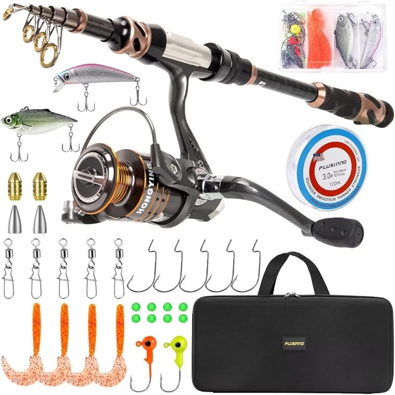 PLUSINNO Carbon Fiber Telescopic Fishing Rod and Reel Combo with 13 Be