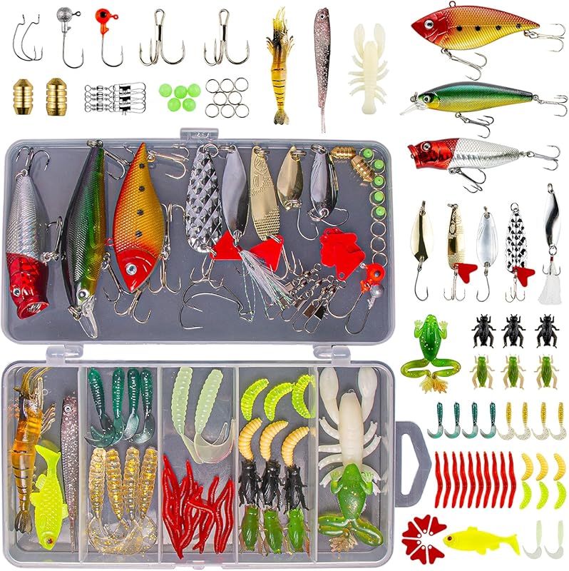 GOANDO Fishing Lures Kit with Spoon & Soft Plastic Worms for Bass Trou