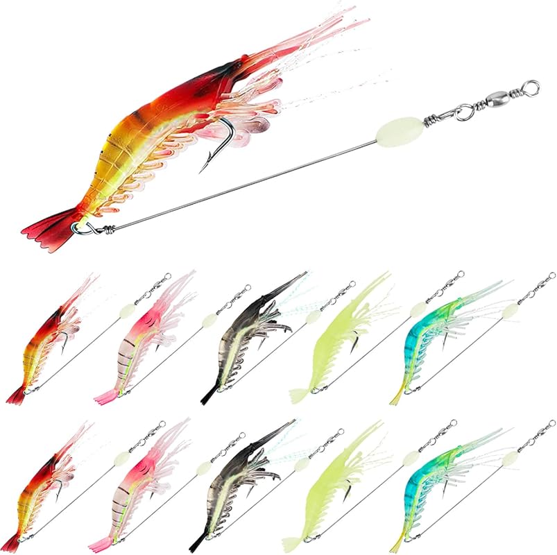 Premium 10PCS Saltwater & Freshwater Shrimp Fishing Lures with Luminous Hooks