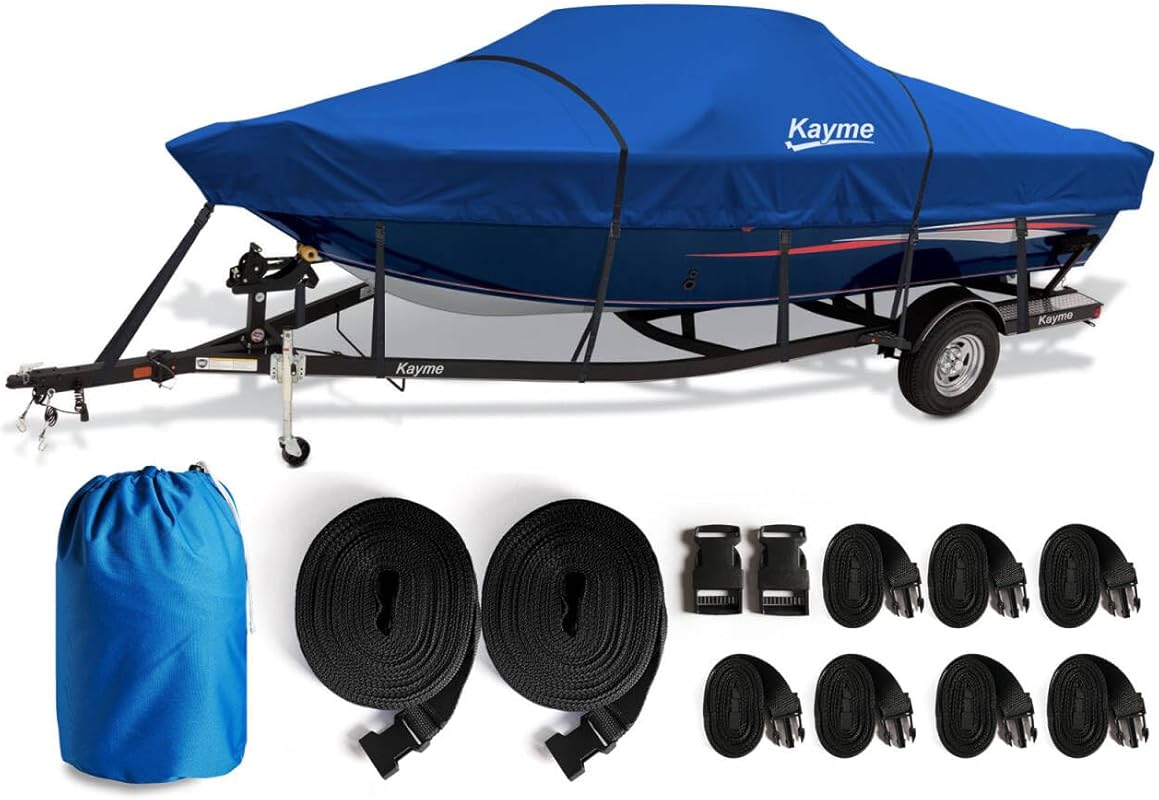 Kayme 1200D Heavy Duty Waterproof Boat Cover for 16-18.5ft V-Hull Boat