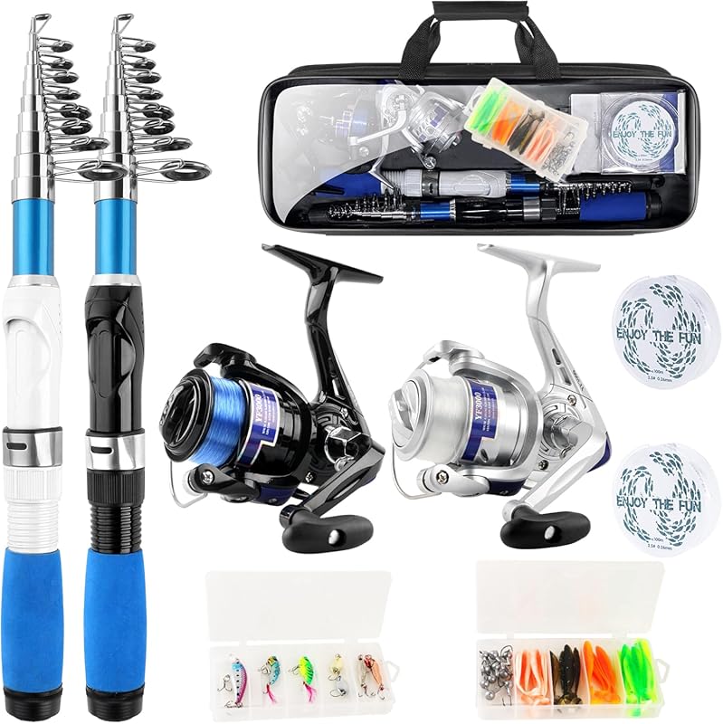 Collapsible 2.1m Fishing Rod Set with 2 Spinning Reels, Lures, 100m Li