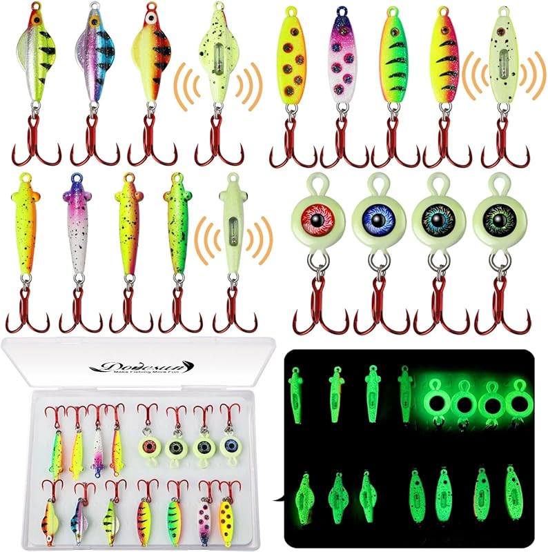 Dovesun Ice Fishing Jigs Kit – Rattling Glow Spoons for Bass, Crappie 