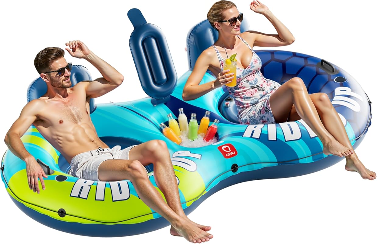 QPAU Double Inflatable River Tube – 660lb Capacity, Ergonomic Backrest & Cooler