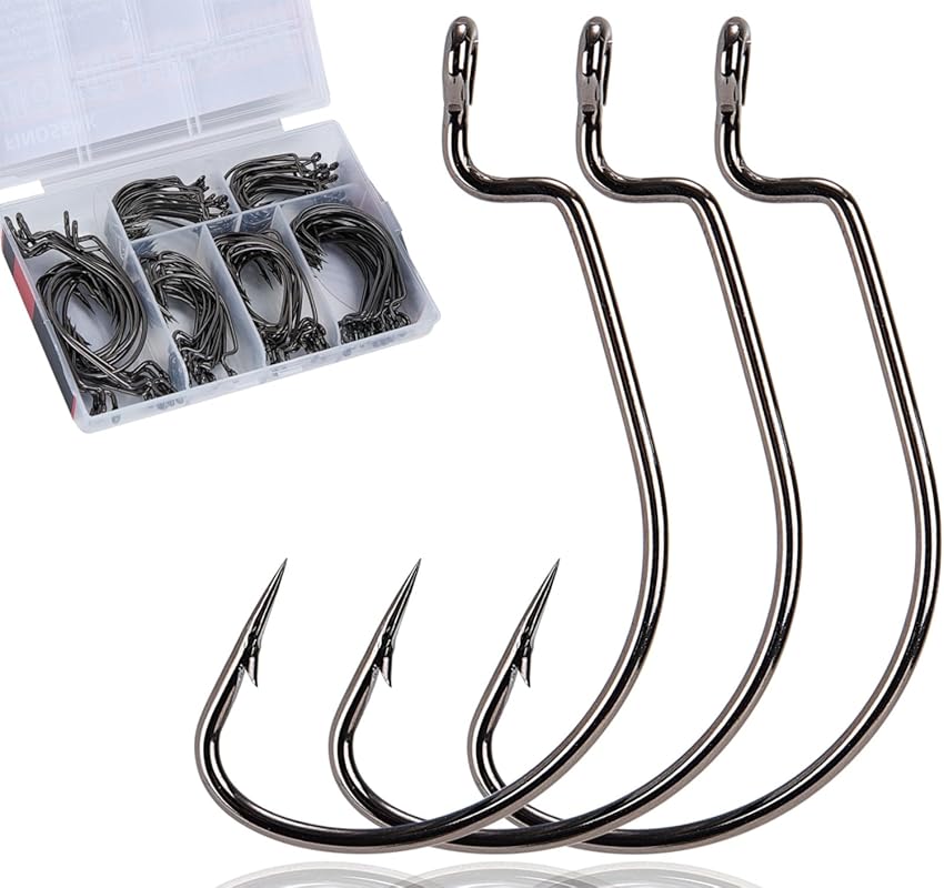 120Pcs Assorted Size Strong Offset Bass Hooks for Texas Rigging, Sharp