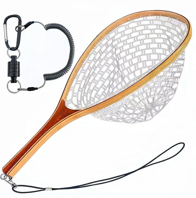 Soft Rubber Fly Fishing Net with Wooden Handle for Trout & Bass Catch 
