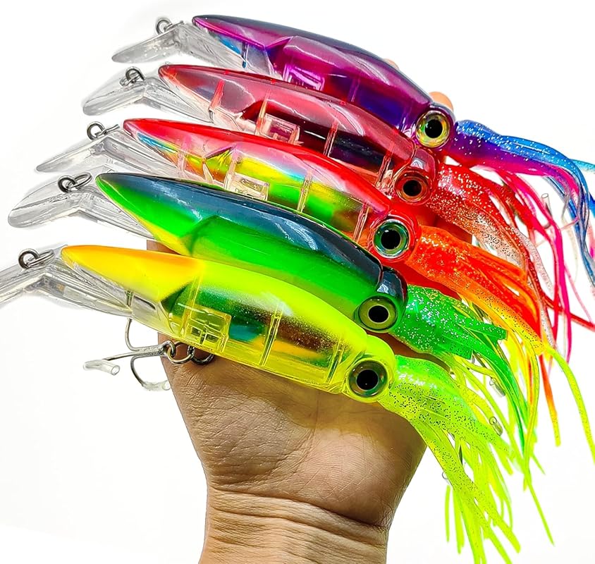 5pcs Big Saltwater Squid Lures with Skirts for Tuna, Salmon Deep Sea F