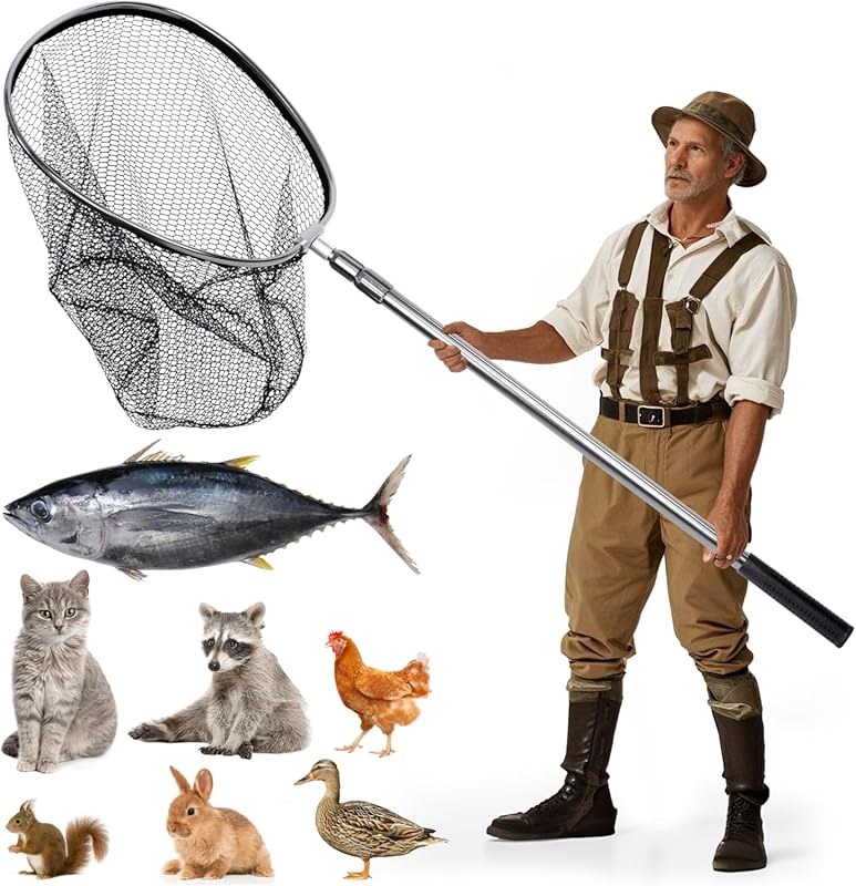 Large Rubber Fishing Net with Telescoping Handle (57-110in) & 20in Ope