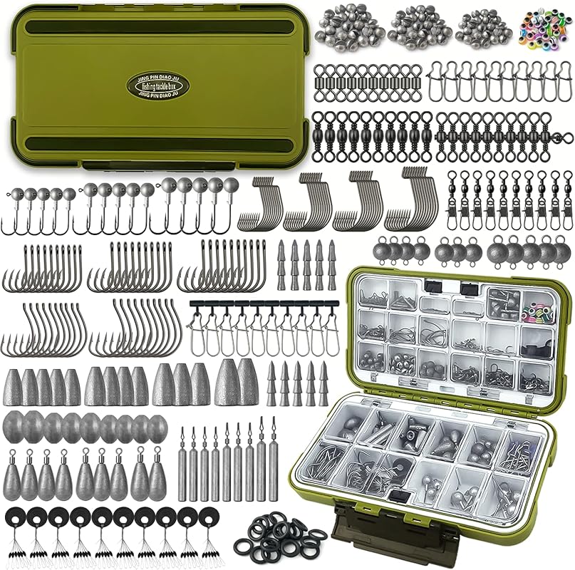 Fishing Tackle Box Kit – 264/423PCS Hooks, Weights, Sinkers for Bass T