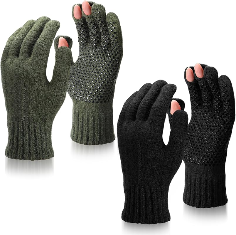 Geyoga 2 Pairs Warm Fingerless Wool Fishing Gloves with Anti-Slip Grip