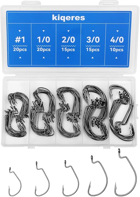 80PCS High Carbon Steel Weedless Worm Hooks, Wide Gap Bass Hooks for C