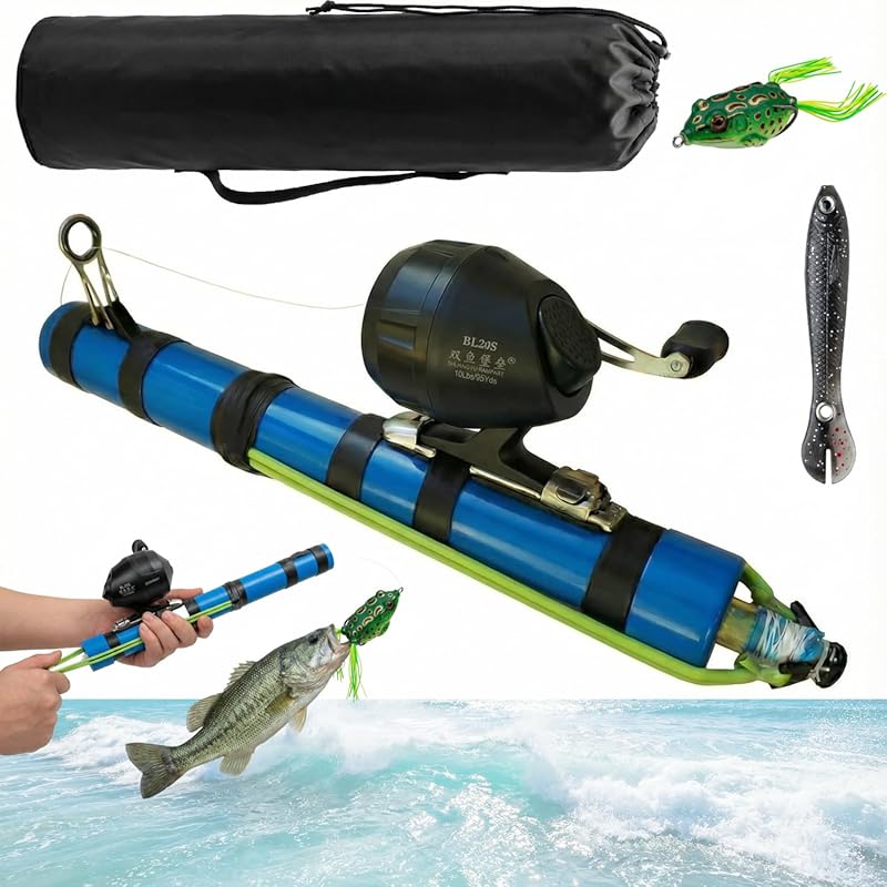Portable Fishing Catapult Rod with Reel & 2 Lures, Complete Casting Ki
