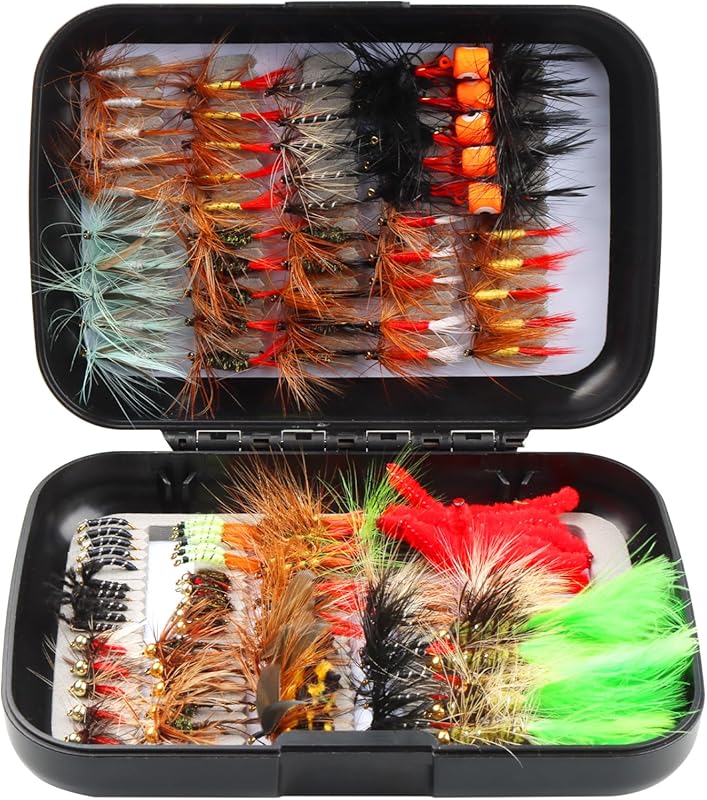 64pcs Tenkara Fly Assortment Kit with Dry Nymphs Wooly Bugger for Trout Bass Gifts