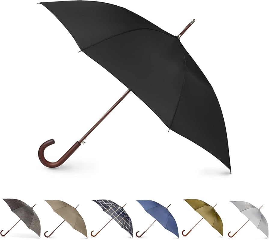 Tote's Men's Eco Auto Open J Stick Umbrella with Stylish Wooden Handle