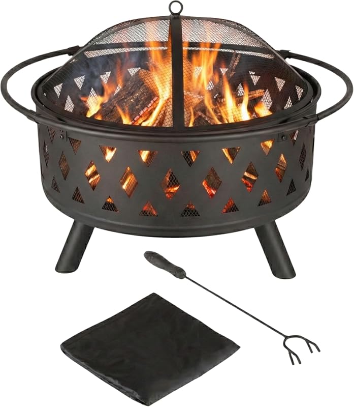 Pure Garden 32-Inch Round Wood Burning Outdoor Fire Pit with Screen, P