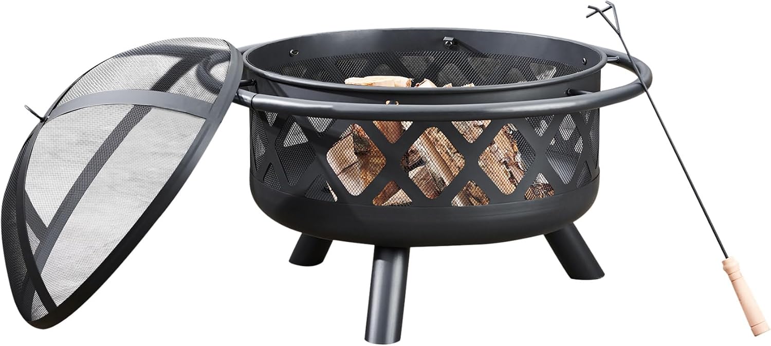Teamson Home 30 Inch Round Steel Fire Pit, Outdoor Wood Burning Bonfire