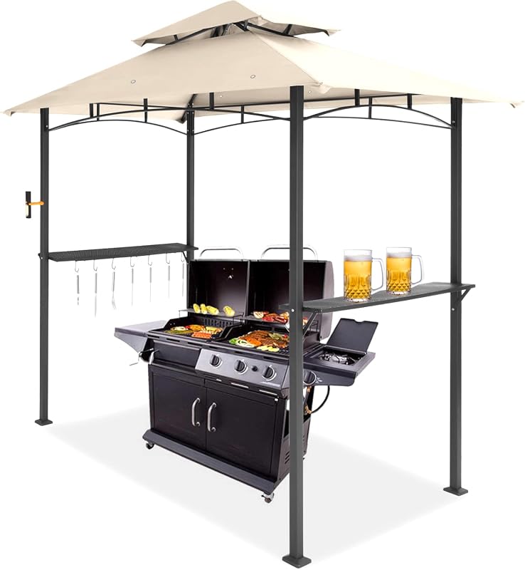 MEWAY 8x5 Grill Gazebo 2-Tiered Outdoor BBQ Canopy Tent, Beige