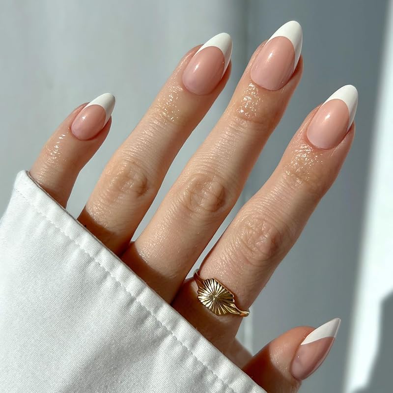 Glamnetic MaDamn French Tip UV Finish Press On Nails – Short Pointed Almond, Semi‑Transparent, 12 Sizes, 24‑Piece Kit with Glue, Salon Quality
