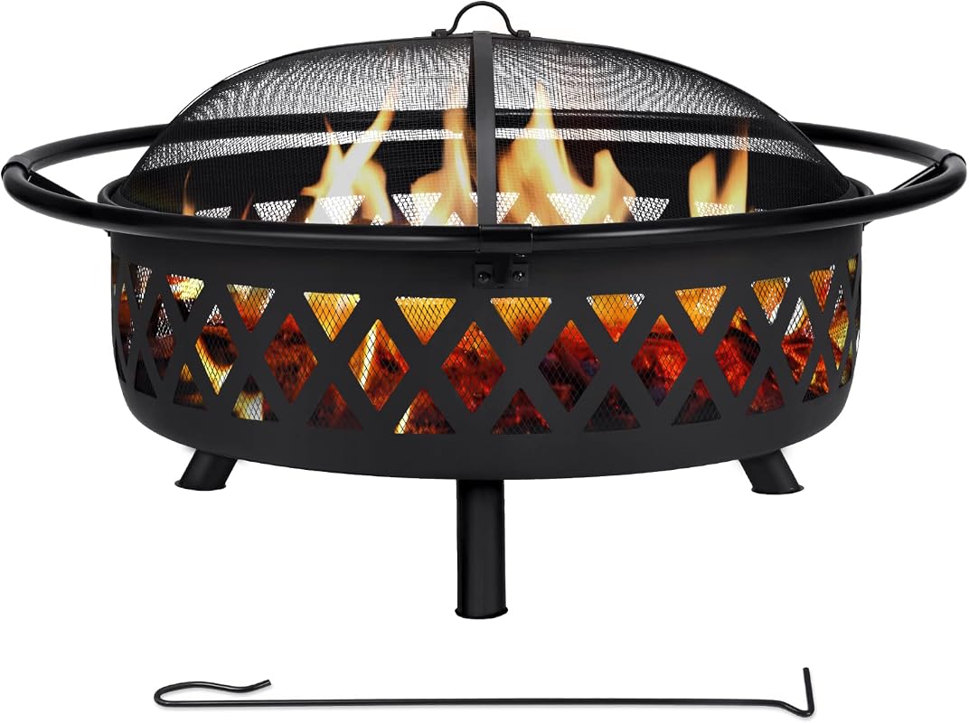 SUNCREAT 42 Inch Patio Wood Burning Fire Pit with Spark Screen and Pok