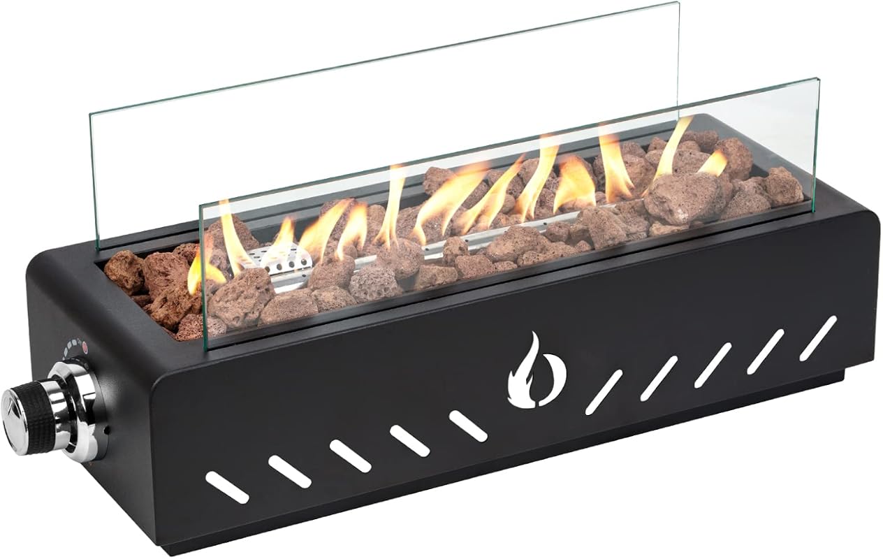 18-Inch Portable Propane Tabletop Fire Pit with Glass Wind Guard for P