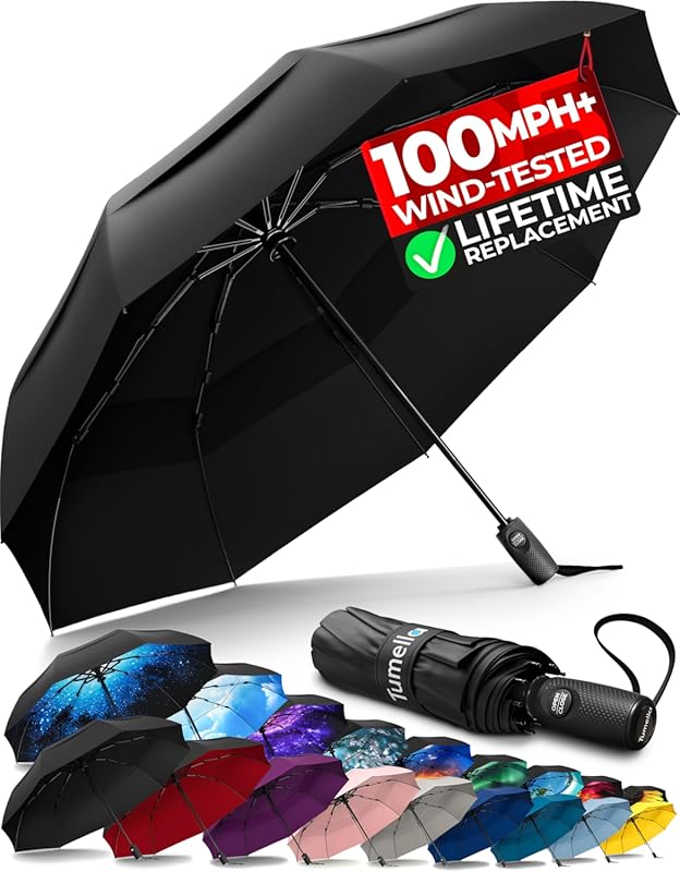 TUMELLA Strongest Windproof Travel Umbrella: 100MPH Tested, Compact, P