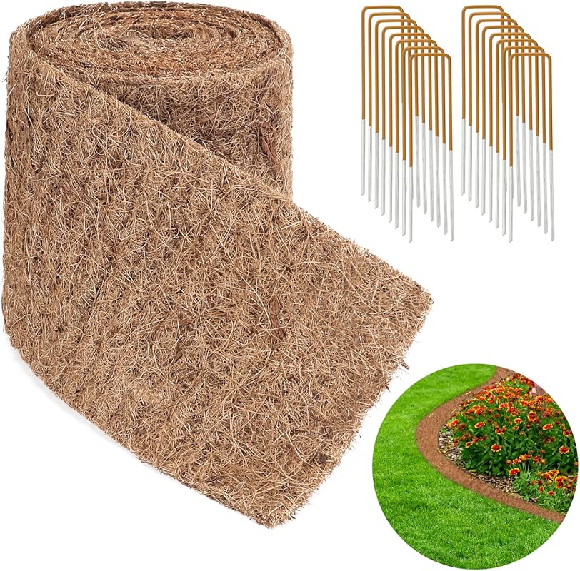 Natural Coconut Fiber Mulch Mat Roll, 120" x 6.3" with 16 Stakes for G