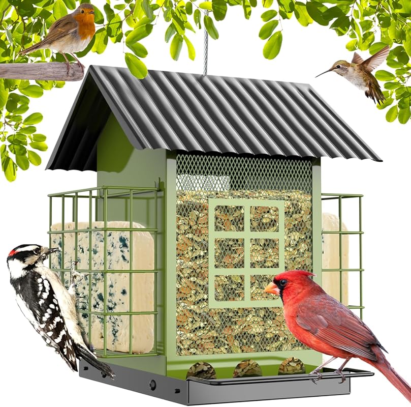 FlowaFoli Metal Bird Feeder for Outdoors Hanging, Double Suet Cage Cak