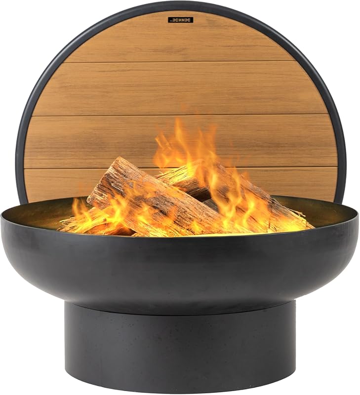 DENKOE Extra Thick Iron Round Fire Pit Table with Lid for Outdoor Bonf