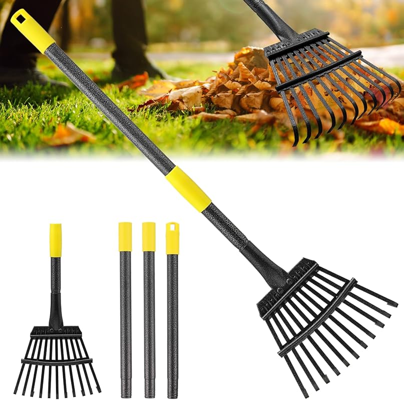 Heavy Duty 11-Tine Adjustable Metal Garden Rake, 65-inch, for Leaves,