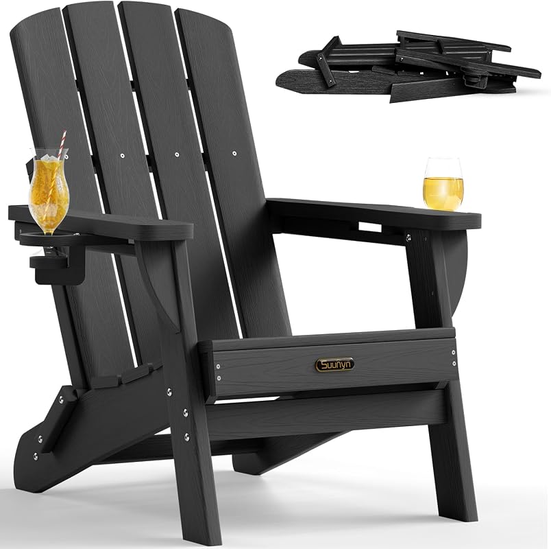 Folding Adirondack Chair HDPE All-Weather Outdoor Patio Chair with 2 C