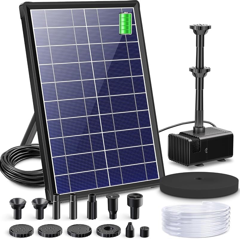 Biling 8W Solar Fountain Pump with 3600mAh Battery, 5 Nozzles & 5ft Tubing