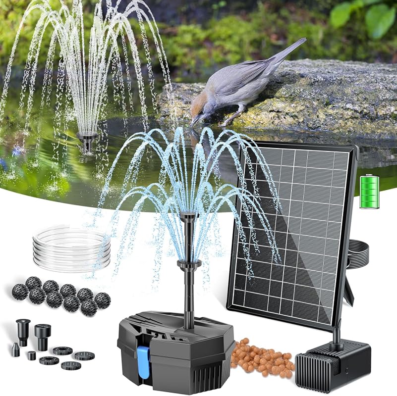 POPOSOAB 8W Solar Pond Filter Fountain with Battery, 8 Nozzles & 5ft Tubing
