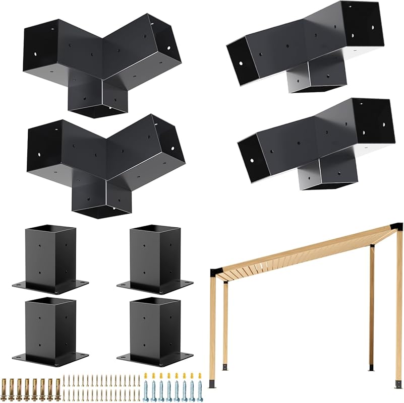 Slanted Roof Pergola Kit: 3-Way Brackets with Post Base for 4x4 Lumber
